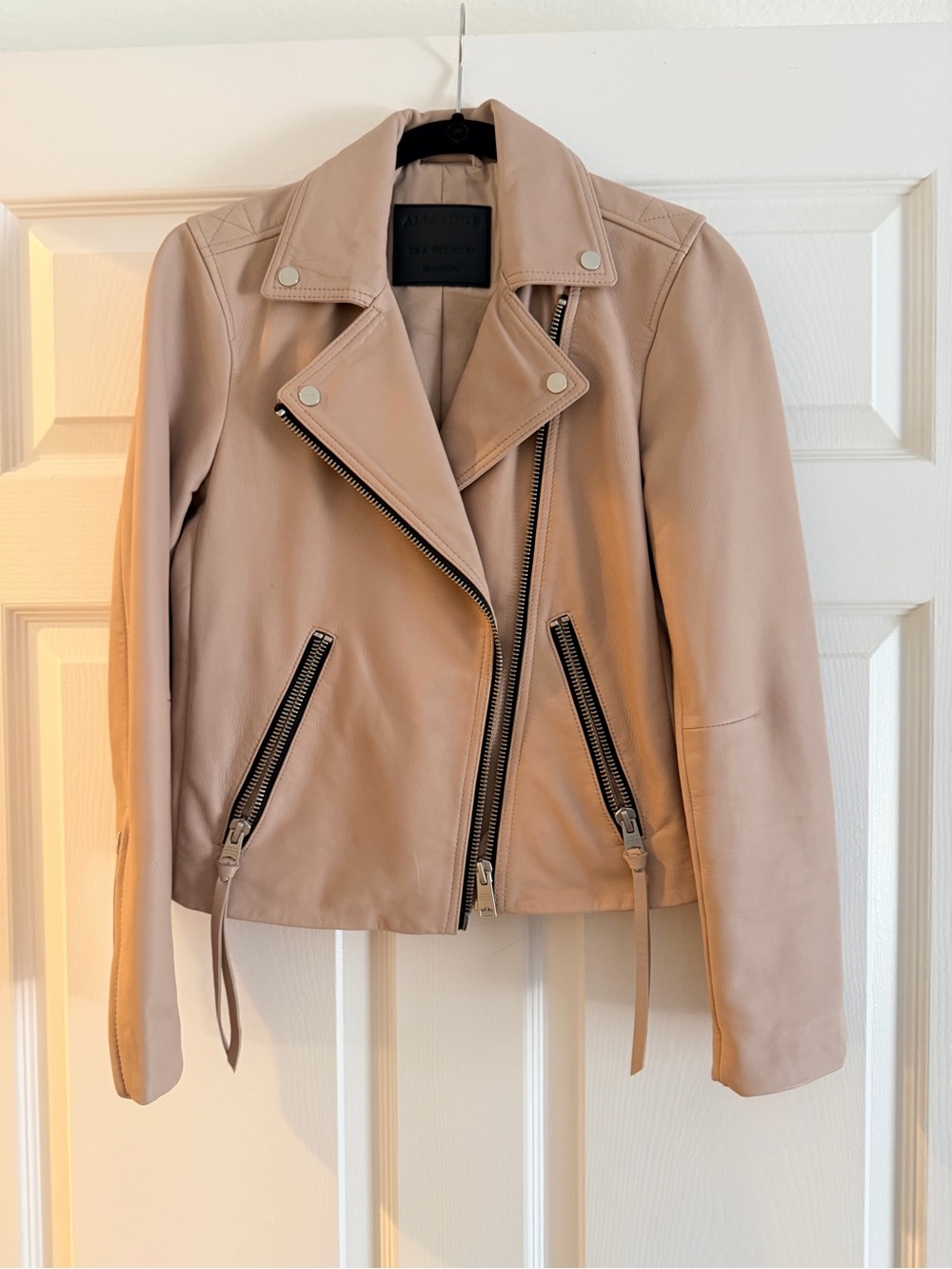 ALL SAINTS DALBY SLIM FIT LEATHER BIKER JACKET in color MISTY PINK size 2 - Picture 4 of 12